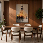 This artwork depicts a detailed impasto-style painting of a crystal chandelier with glowing lights. The textured brushstrokes emphasize the intricate structure and sparkling crystals, creating a luminous and elegant focal point in a cultural art style.