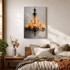 This artwork depicts a detailed impasto-style painting of a crystal chandelier with glowing lights. The textured brushstrokes emphasize the intricate structure and sparkling crystals, creating a luminous and elegant focal point in a cultural art style.
