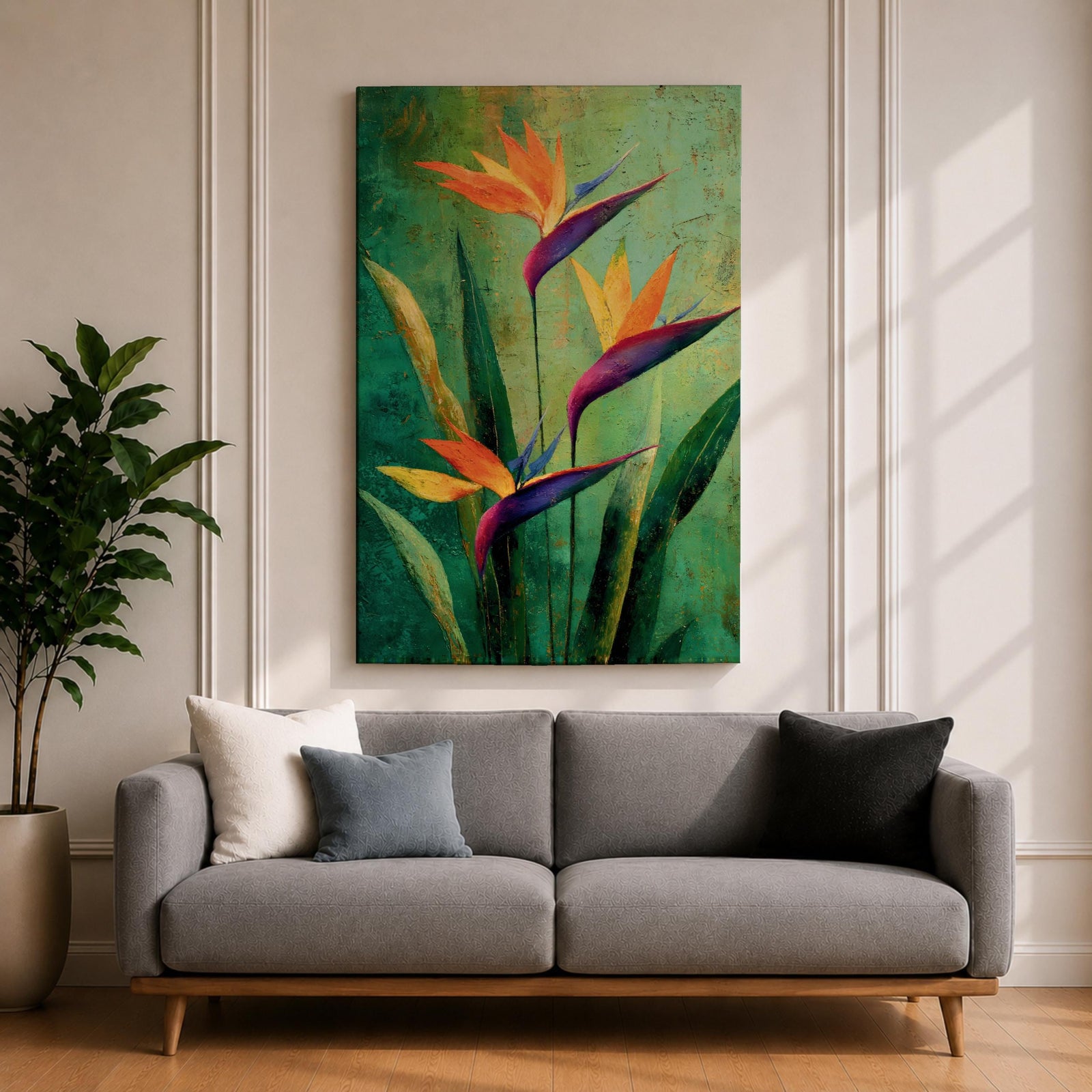 A vibrant painting of Bird of Paradise flowers (Strelitzia) featuring bold orange and purple petals with lush green leaves on a textured green background. The floral composition is realistic with a tropical theme, capturing the exotic beauty of these iconic flowers in a framed canvas style.