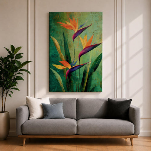 A vibrant painting of Bird of Paradise flowers (Strelitzia) featuring bold orange and purple petals with lush green leaves on a textured green background. The floral composition is realistic with a tropical theme, capturing the exotic beauty of these iconic flowers in a framed canvas style.
