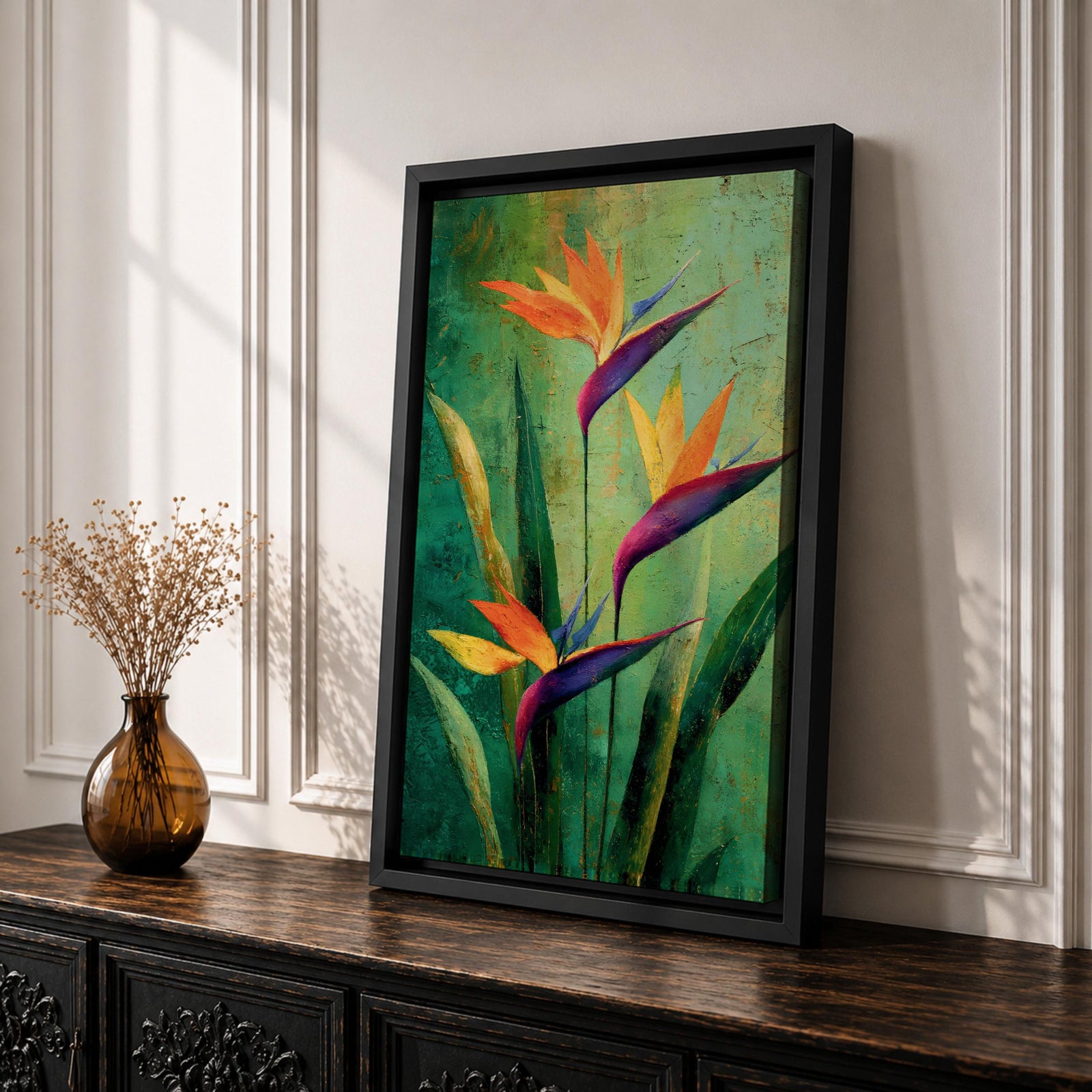 A vibrant painting of Bird of Paradise flowers (Strelitzia) featuring bold orange and purple petals with lush green leaves on a textured green background. The floral composition is realistic with a tropical theme, capturing the exotic beauty of these iconic flowers in a framed canvas style.