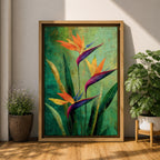 A vibrant painting of Bird of Paradise flowers (Strelitzia) featuring bold orange and purple petals with lush green leaves on a textured green background. The floral composition is realistic with a tropical theme, capturing the exotic beauty of these iconic flowers in a framed canvas style.