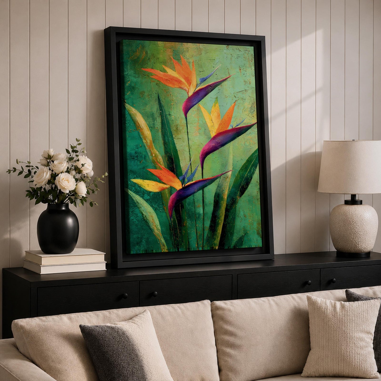 A vibrant painting of Bird of Paradise flowers (Strelitzia) featuring bold orange and purple petals with lush green leaves on a textured green background. The floral composition is realistic with a tropical theme, capturing the exotic beauty of these iconic flowers in a framed canvas style.