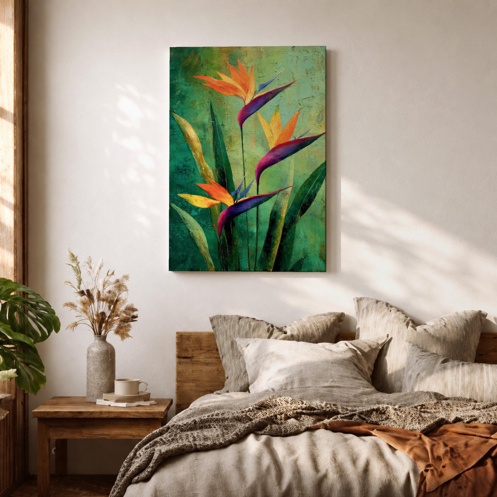 A vibrant painting of Bird of Paradise flowers (Strelitzia) featuring bold orange and purple petals with lush green leaves on a textured green background. The floral composition is realistic with a tropical theme, capturing the exotic beauty of these iconic flowers in a framed canvas style.