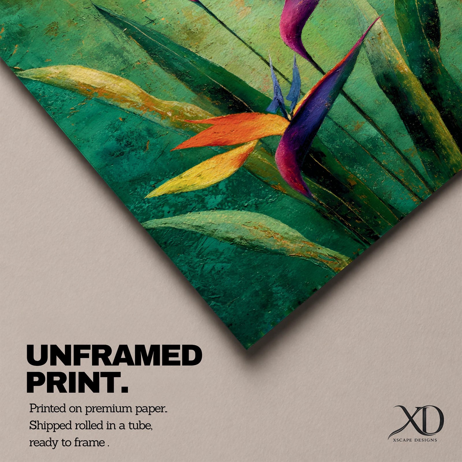 A vibrant painting of Bird of Paradise flowers (Strelitzia) featuring bold orange and purple petals with lush green leaves on a textured green background. The floral composition is realistic with a tropical theme, capturing the exotic beauty of these iconic flowers in a framed canvas style.