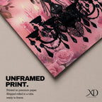 A framed canvas print featuring a detailed black chandelier silhouette with multiple hanging crystals and candle flames, set against a pink floral background with roses, blending ornate lighting design with a soft botanical motif.