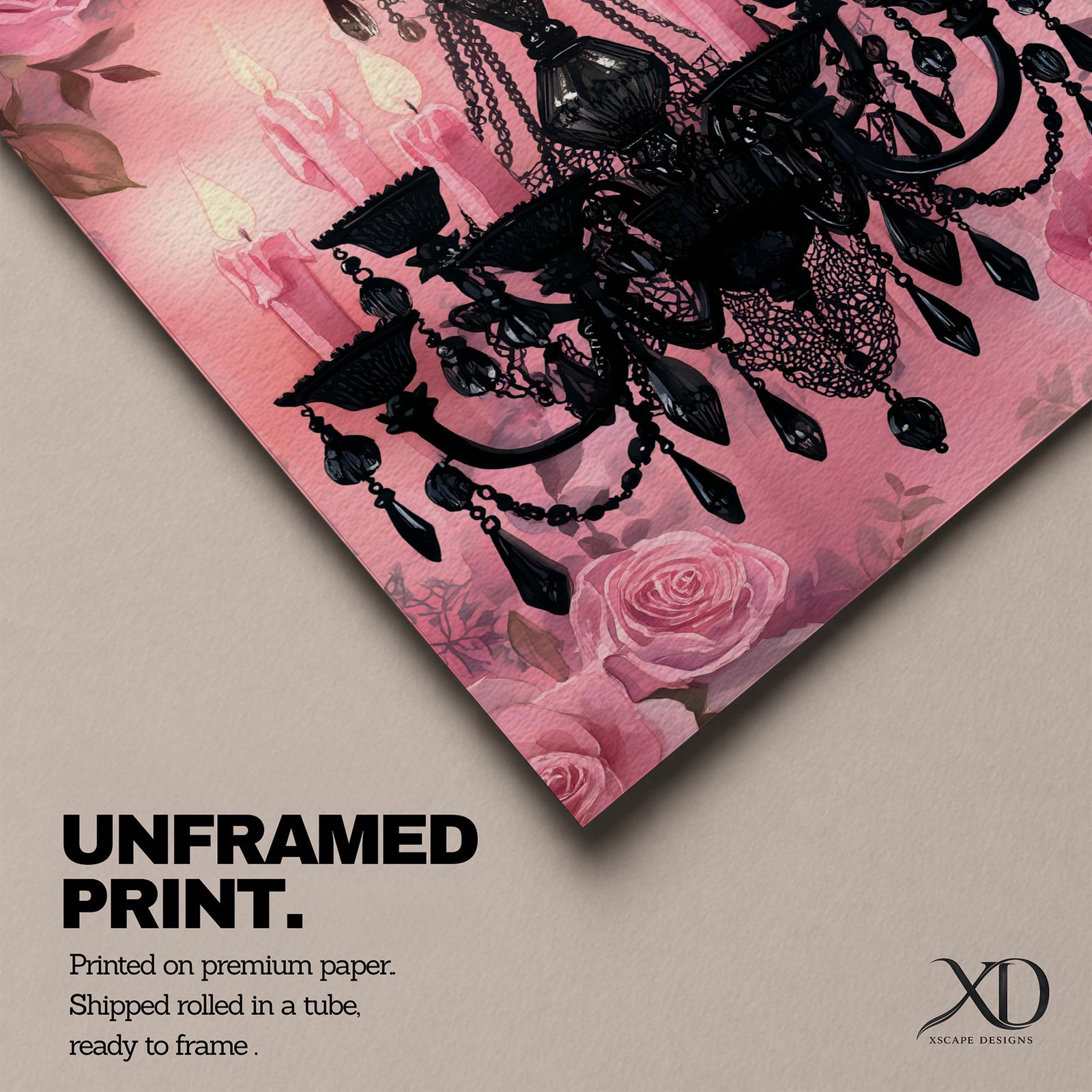 A framed canvas print featuring a detailed black chandelier silhouette with multiple hanging crystals and candle flames, set against a pink floral background with roses, blending ornate lighting design with a soft botanical motif.