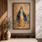 A serene depiction of the Virgin Mary with a radiant halo, dressed in flowing white and blue garments, surrounded by soft golden clouds in a peaceful heavenly scene.