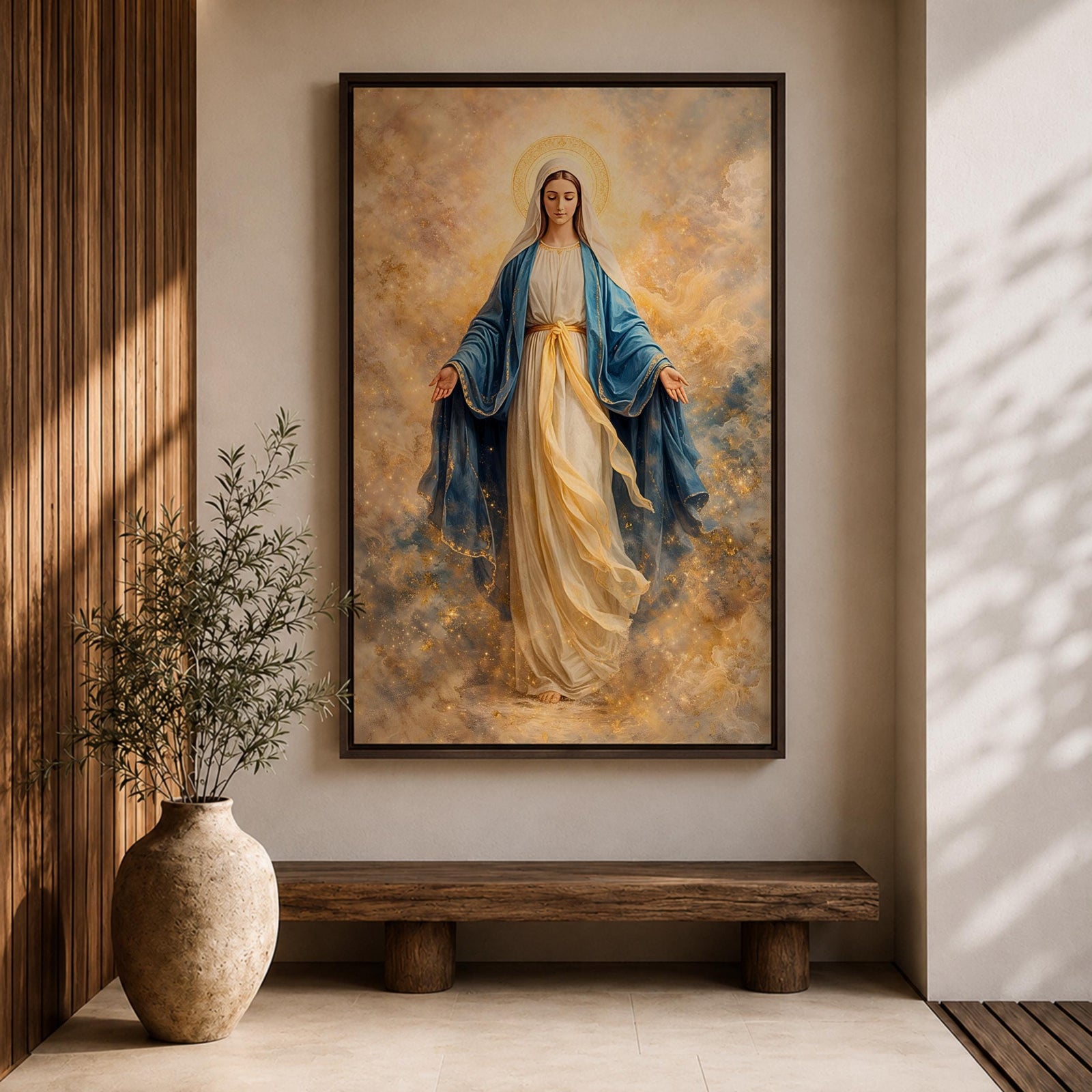 A serene depiction of the Virgin Mary with a radiant halo, dressed in flowing white and blue garments, surrounded by soft golden clouds in a peaceful heavenly scene.