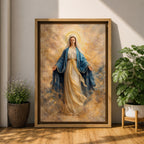 A serene depiction of the Virgin Mary with a radiant halo, dressed in flowing white and blue garments, surrounded by soft golden clouds in a peaceful heavenly scene.