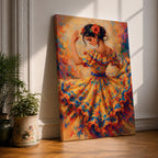 A vibrant impressionistic painting of a flamenco dancer mid movement, wearing a flowing ruffled dress adorned with bold floral patterns, her arm raised gracefully and head tilted, with dynamic brushstrokes and warm tones capturing motion, rhythm, and the expressive energy of traditional Spanish dance.