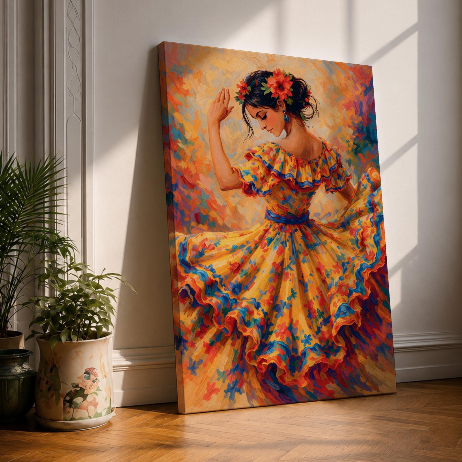 A vibrant impressionistic painting of a flamenco dancer mid movement, wearing a flowing ruffled dress adorned with bold floral patterns, her arm raised gracefully and head tilted, with dynamic brushstrokes and warm tones capturing motion, rhythm, and the expressive energy of traditional Spanish dance.