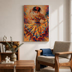 A vibrant impressionistic painting of a flamenco dancer mid movement, wearing a flowing ruffled dress adorned with bold floral patterns, her arm raised gracefully and head tilted, with dynamic brushstrokes and warm tones capturing motion, rhythm, and the expressive energy of traditional Spanish dance.