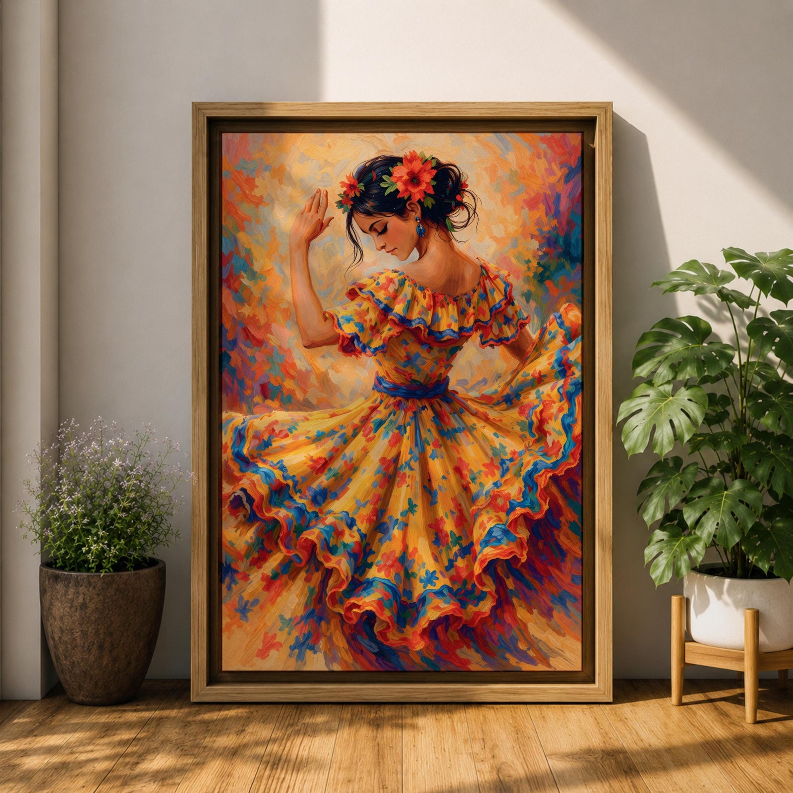 A vibrant impressionistic painting of a flamenco dancer mid movement, wearing a flowing ruffled dress adorned with bold floral patterns, her arm raised gracefully and head tilted, with dynamic brushstrokes and warm tones capturing motion, rhythm, and the expressive energy of traditional Spanish dance.