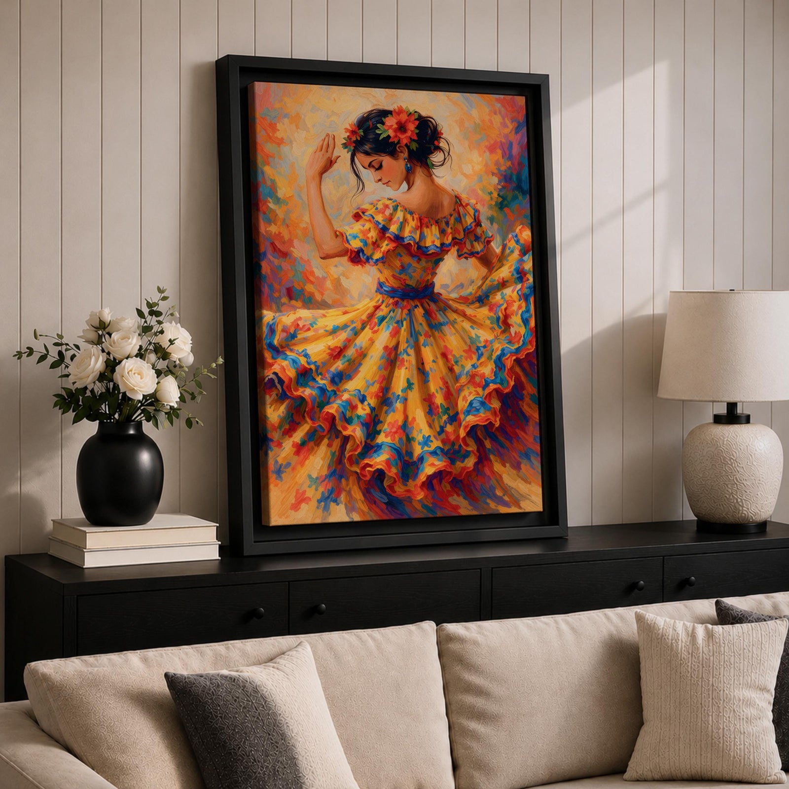 A vibrant impressionistic painting of a flamenco dancer mid movement, wearing a flowing ruffled dress adorned with bold floral patterns, her arm raised gracefully and head tilted, with dynamic brushstrokes and warm tones capturing motion, rhythm, and the expressive energy of traditional Spanish dance.