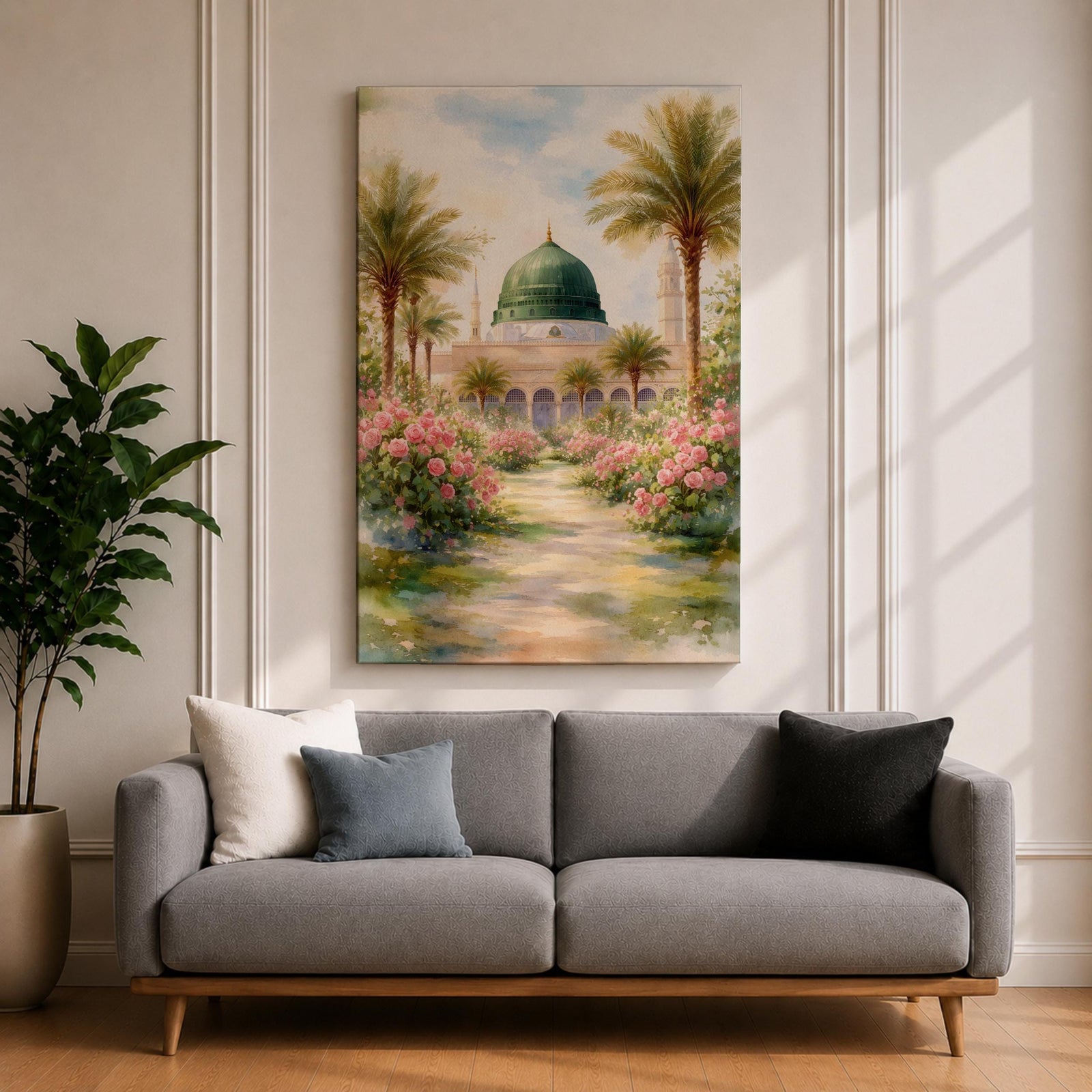 Framed canvas wall art of the Prophet’s Mosque in Medina featuring the iconic green dome, surrounded by palm trees and blooming pink flowers along a sunlit garden path, creating a peaceful and serene Islamic landscape scene for home decor.