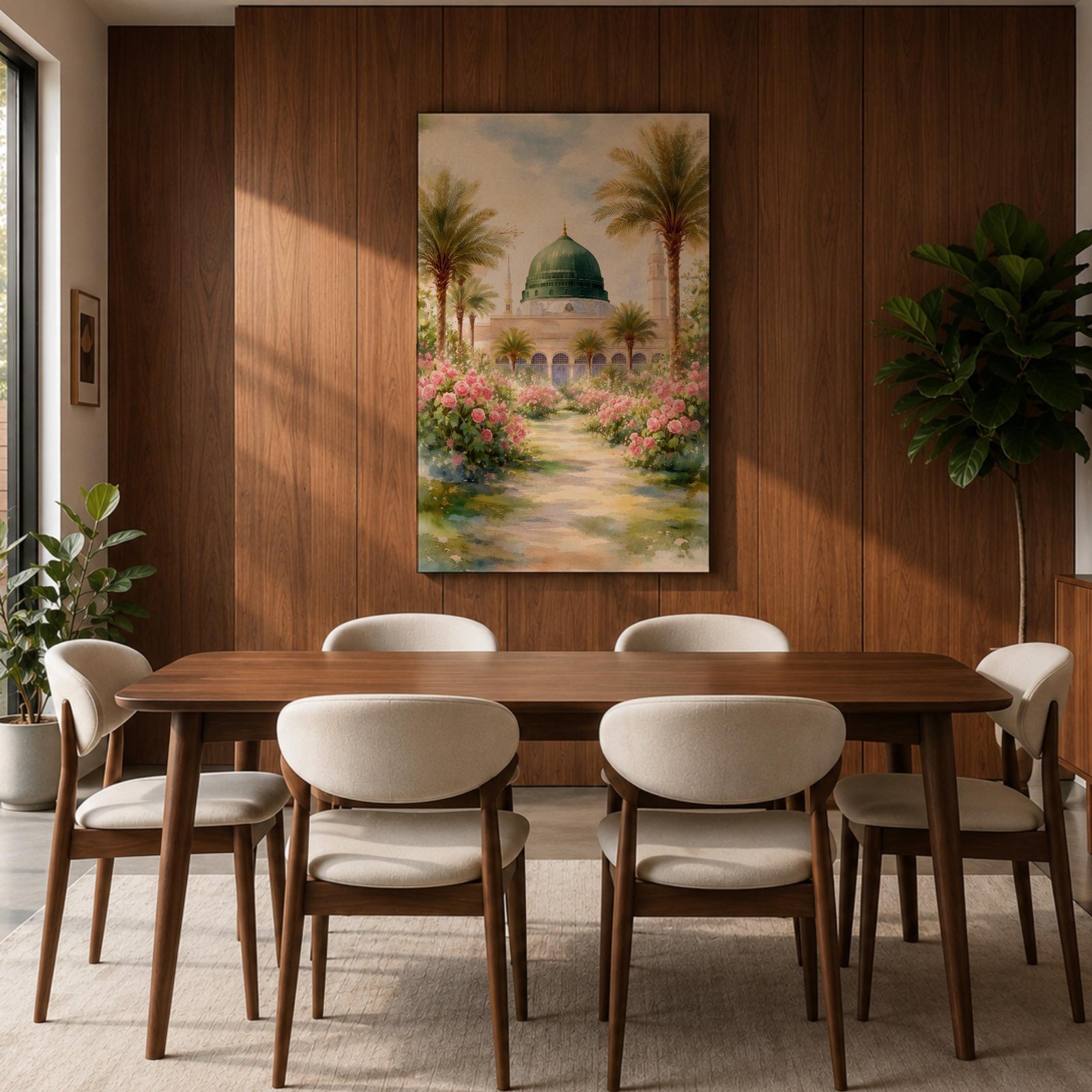 Framed canvas wall art of the Prophet’s Mosque in Medina featuring the iconic green dome, surrounded by palm trees and blooming pink flowers along a sunlit garden path, creating a peaceful and serene Islamic landscape scene for home decor.