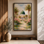 Framed canvas wall art of the Prophet’s Mosque in Medina featuring the iconic green dome, surrounded by palm trees and blooming pink flowers along a sunlit garden path, creating a peaceful and serene Islamic landscape scene for home decor.