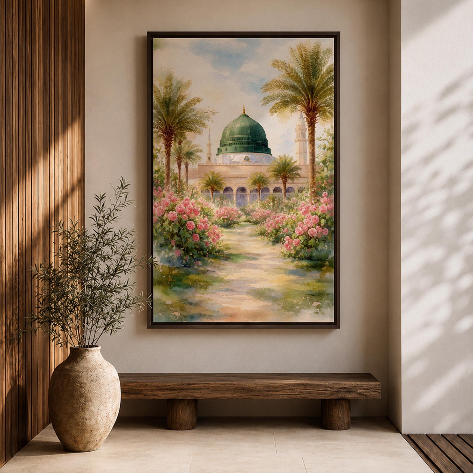 Framed canvas wall art of the Prophet’s Mosque in Medina featuring the iconic green dome, surrounded by palm trees and blooming pink flowers along a sunlit garden path, creating a peaceful and serene Islamic landscape scene for home decor.