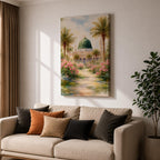 Framed canvas wall art of the Prophet’s Mosque in Medina featuring the iconic green dome, surrounded by palm trees and blooming pink flowers along a sunlit garden path, creating a peaceful and serene Islamic landscape scene for home decor.