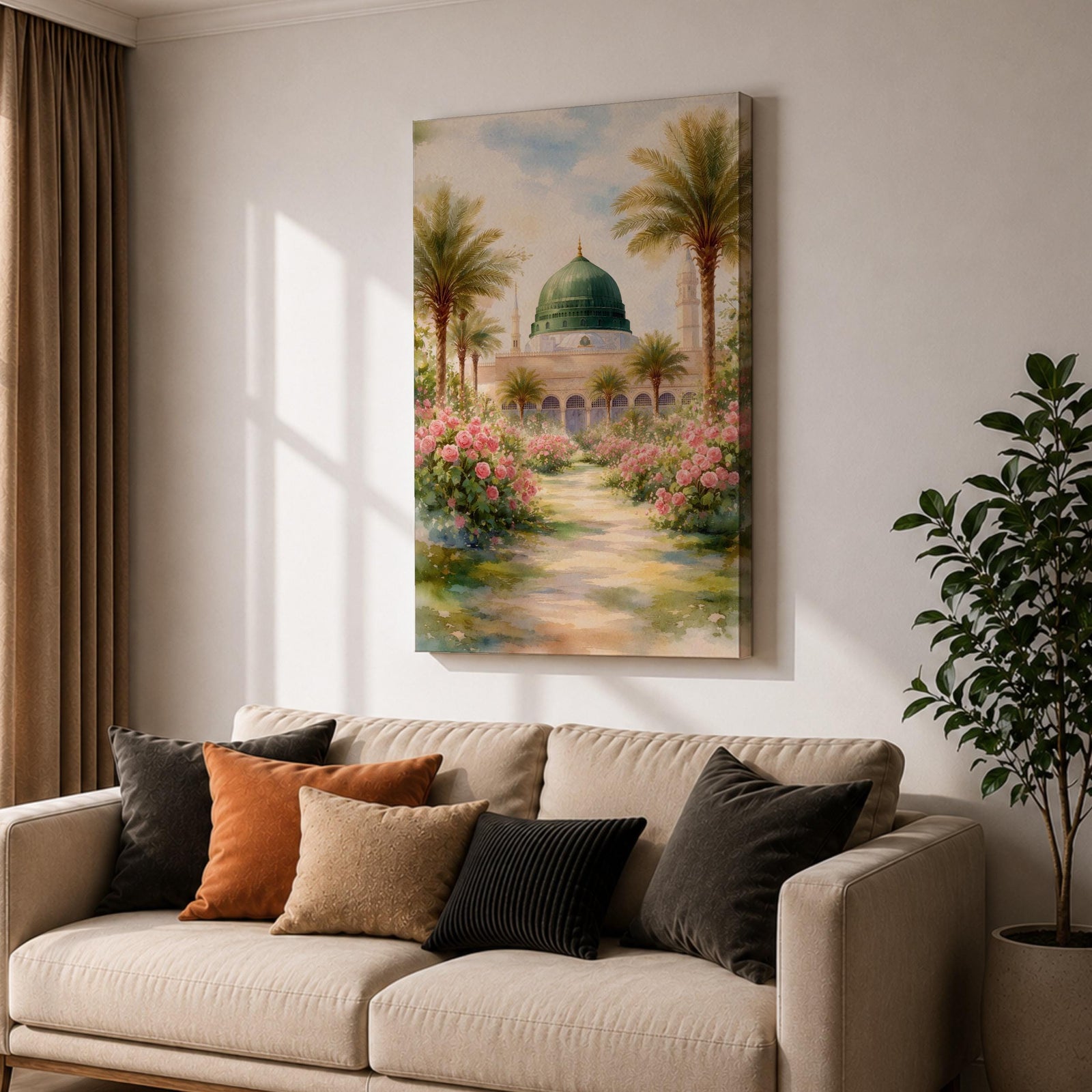 Framed canvas wall art of the Prophet’s Mosque in Medina featuring the iconic green dome, surrounded by palm trees and blooming pink flowers along a sunlit garden path, creating a peaceful and serene Islamic landscape scene for home decor.