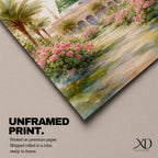Framed canvas wall art of the Prophet’s Mosque in Medina featuring the iconic green dome, surrounded by palm trees and blooming pink flowers along a sunlit garden path, creating a peaceful and serene Islamic landscape scene for home decor.