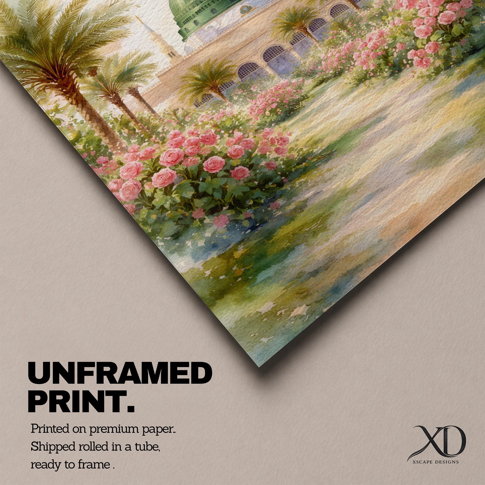 Framed canvas wall art of the Prophet’s Mosque in Medina featuring the iconic green dome, surrounded by palm trees and blooming pink flowers along a sunlit garden path, creating a peaceful and serene Islamic landscape scene for home decor.