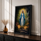 A detailed impasto style painting of Our Lady of Lourdes, depicting a woman in a blue cloak with a glowing halo, surrounded by flowers and lit candles, rendered with thick textured brushstrokes emphasizing light and depth in a religious composition.