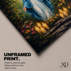 A detailed impasto style painting of Our Lady of Lourdes, depicting a woman in a blue cloak with a glowing halo, surrounded by flowers and lit candles, rendered with thick textured brushstrokes emphasizing light and depth in a religious composition.