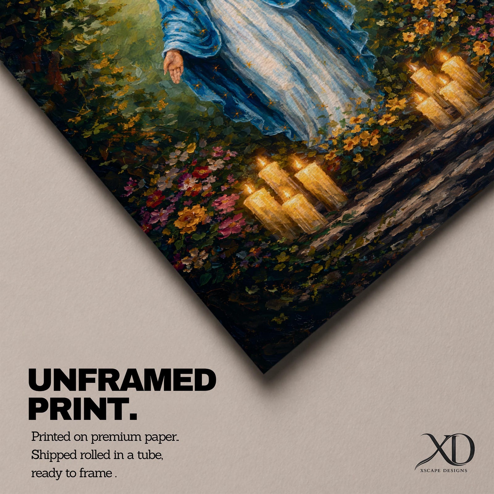 A detailed impasto style painting of Our Lady of Lourdes, depicting a woman in a blue cloak with a glowing halo, surrounded by flowers and lit candles, rendered with thick textured brushstrokes emphasizing light and depth in a religious composition.