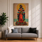 A vintage-style framed canvas depicting Our Lady of Guadalupe standing on a crescent moon surrounded by roses. She wears a traditional colorful mantle with a golden halo behind her head, holding a flaming heart. The artwork blends classic religious iconography with Mexican cultural elements.