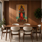 A vintage-style framed canvas depicting Our Lady of Guadalupe standing on a crescent moon surrounded by roses. She wears a traditional colorful mantle with a golden halo behind her head, holding a flaming heart. The artwork blends classic religious iconography with Mexican cultural elements.