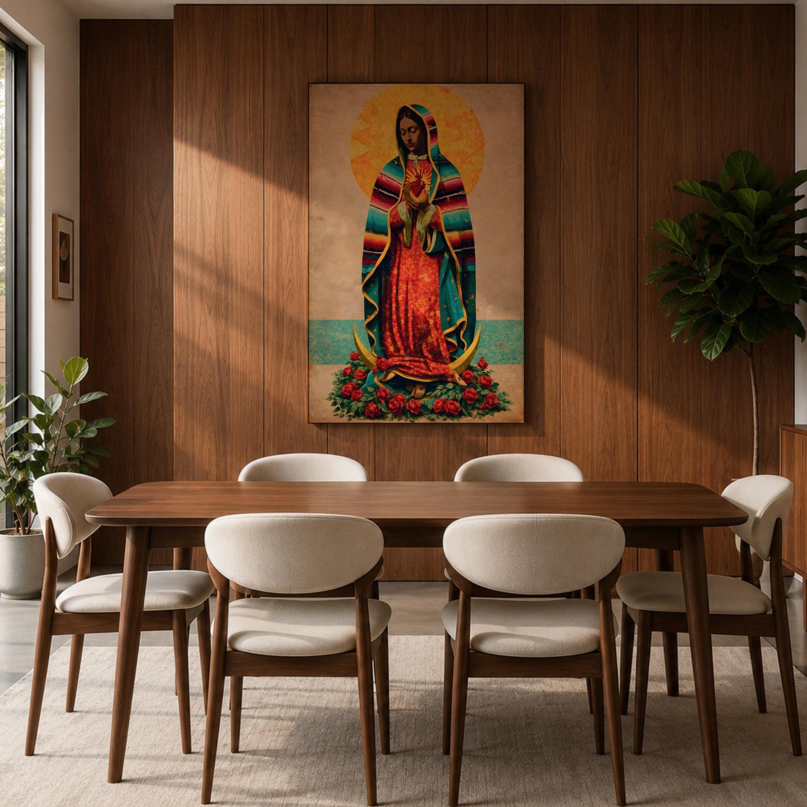 A vintage-style framed canvas depicting Our Lady of Guadalupe standing on a crescent moon surrounded by roses. She wears a traditional colorful mantle with a golden halo behind her head, holding a flaming heart. The artwork blends classic religious iconography with Mexican cultural elements.