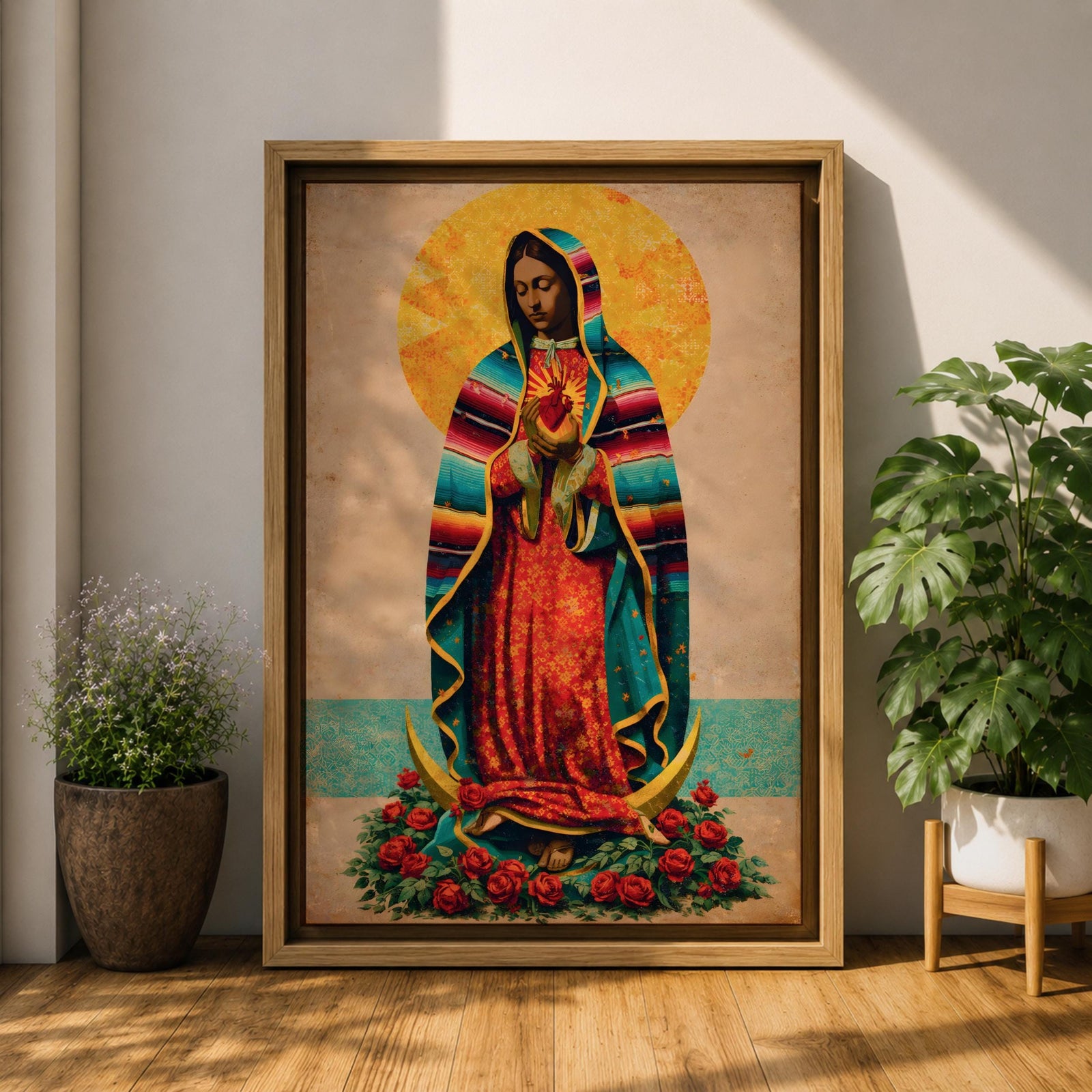 A vintage-style framed canvas depicting Our Lady of Guadalupe standing on a crescent moon surrounded by roses. She wears a traditional colorful mantle with a golden halo behind her head, holding a flaming heart. The artwork blends classic religious iconography with Mexican cultural elements.