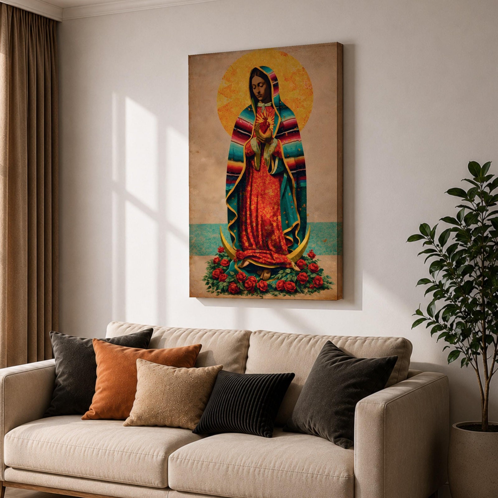 A vintage-style framed canvas depicting Our Lady of Guadalupe standing on a crescent moon surrounded by roses. She wears a traditional colorful mantle with a golden halo behind her head, holding a flaming heart. The artwork blends classic religious iconography with Mexican cultural elements.