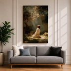 Framed artwork of Jesus praying in the Garden of Gethsemane, kneeling beneath a tree as soft rays of light shine down from above. Set in a modern living room, the canvas rests on a wooden console beside plants and neutral decor.