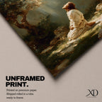 Framed artwork of Jesus praying in the Garden of Gethsemane, kneeling beneath a tree as soft rays of light shine down from above. Set in a modern living room, the canvas rests on a wooden console beside plants and neutral decor.