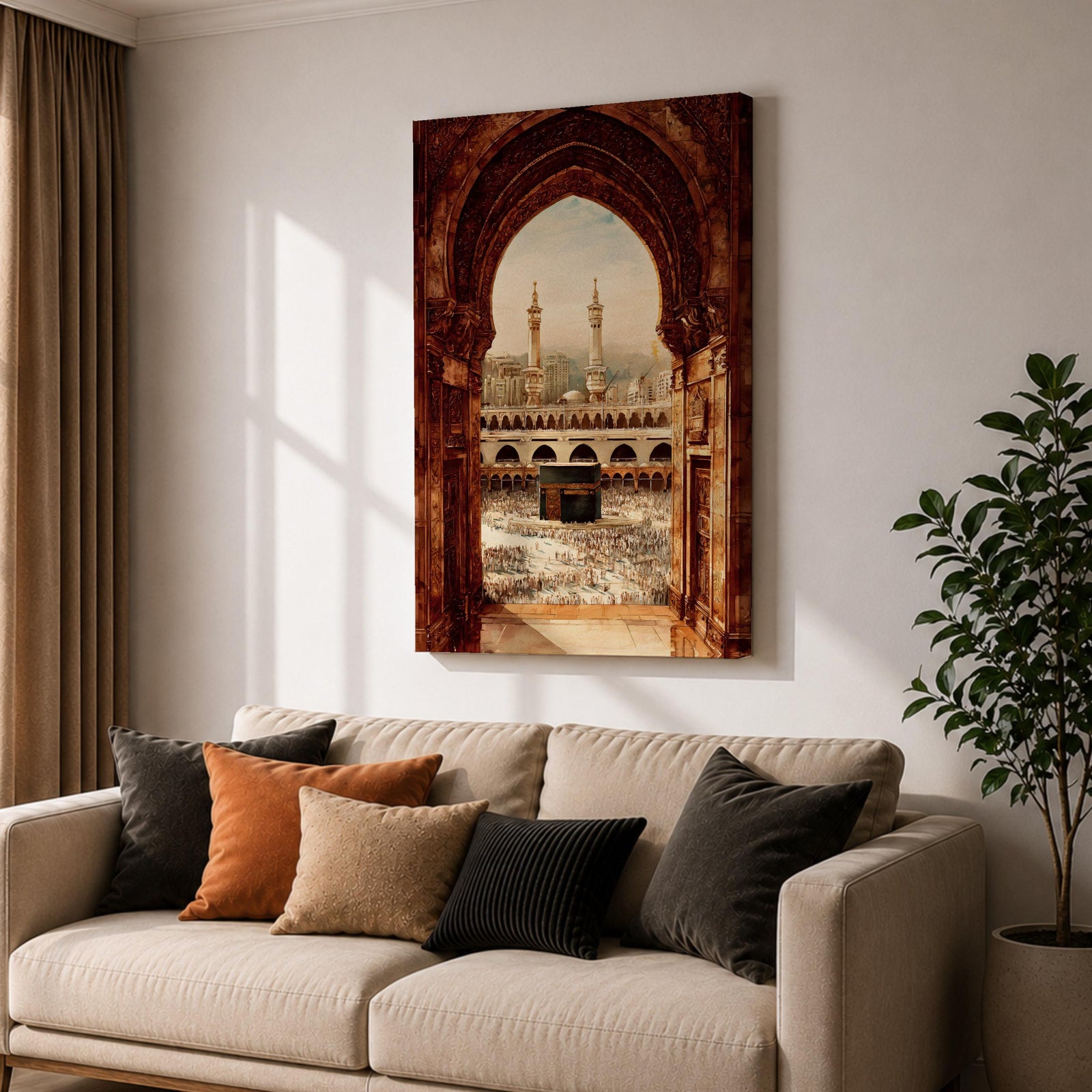 Artwork showing the Kaaba in Mecca viewed through an ornate Islamic archway with intricate carved stone details, overlooking the Masjid al Haram courtyard filled with pilgrims and surrounded by minarets and mosque architecture under warm sunlight.