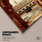 Artwork showing the Kaaba in Mecca viewed through an ornate Islamic archway with intricate carved stone details, overlooking the Masjid al Haram courtyard filled with pilgrims and surrounded by minarets and mosque architecture under warm sunlight.