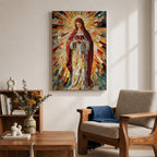A vibrant mosaic artwork depicting the Sacred Heart of Jesus, showing a figure holding a heart with radiant geometric glass fragments forming a halo and flowing robes. The piece uses colorful mosaic tiles to create a religious icon with intricate detail and a glowing effect.