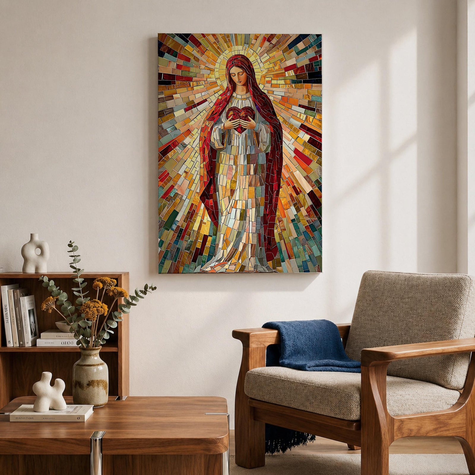 A vibrant mosaic artwork depicting the Sacred Heart of Jesus, showing a figure holding a heart with radiant geometric glass fragments forming a halo and flowing robes. The piece uses colorful mosaic tiles to create a religious icon with intricate detail and a glowing effect.