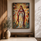 A vibrant mosaic artwork depicting the Sacred Heart of Jesus, showing a figure holding a heart with radiant geometric glass fragments forming a halo and flowing robes. The piece uses colorful mosaic tiles to create a religious icon with intricate detail and a glowing effect.