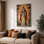 A vibrant mosaic artwork depicting the Sacred Heart of Jesus, showing a figure holding a heart with radiant geometric glass fragments forming a halo and flowing robes. The piece uses colorful mosaic tiles to create a religious icon with intricate detail and a glowing effect.