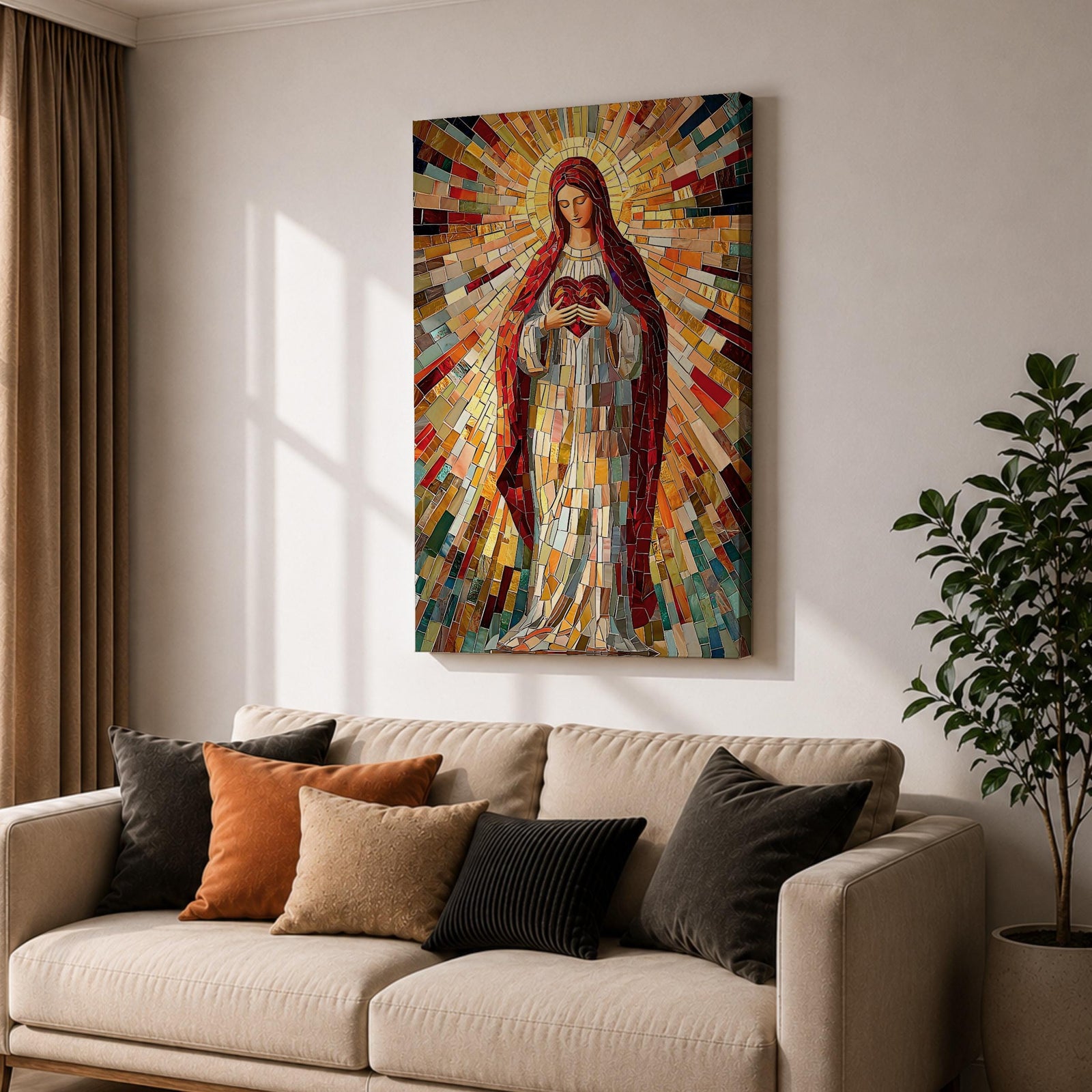 A vibrant mosaic artwork depicting the Sacred Heart of Jesus, showing a figure holding a heart with radiant geometric glass fragments forming a halo and flowing robes. The piece uses colorful mosaic tiles to create a religious icon with intricate detail and a glowing effect.