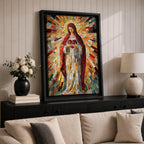 A vibrant mosaic artwork depicting the Sacred Heart of Jesus, showing a figure holding a heart with radiant geometric glass fragments forming a halo and flowing robes. The piece uses colorful mosaic tiles to create a religious icon with intricate detail and a glowing effect.