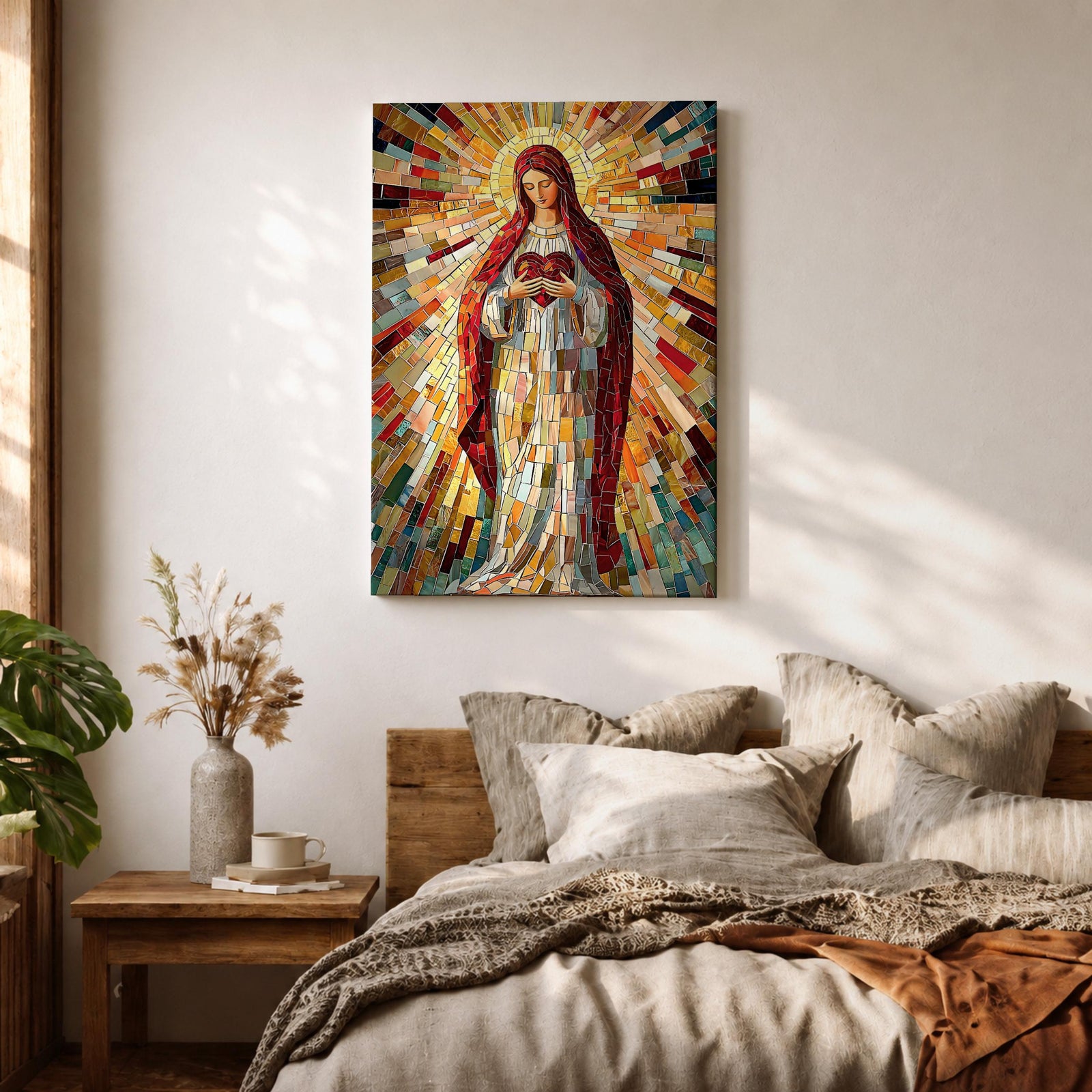 A vibrant mosaic artwork depicting the Sacred Heart of Jesus, showing a figure holding a heart with radiant geometric glass fragments forming a halo and flowing robes. The piece uses colorful mosaic tiles to create a religious icon with intricate detail and a glowing effect.
