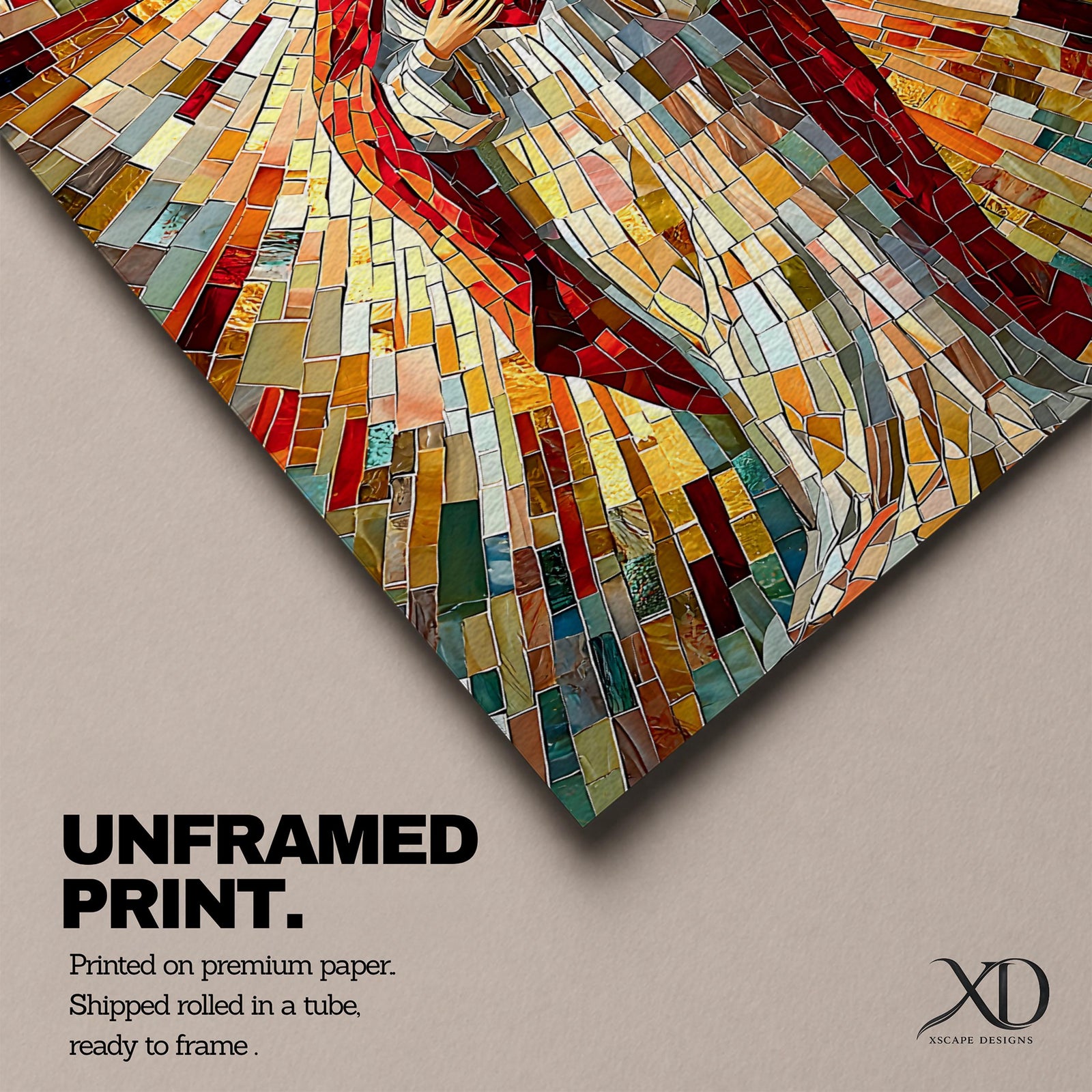A vibrant mosaic artwork depicting the Sacred Heart of Jesus, showing a figure holding a heart with radiant geometric glass fragments forming a halo and flowing robes. The piece uses colorful mosaic tiles to create a religious icon with intricate detail and a glowing effect.