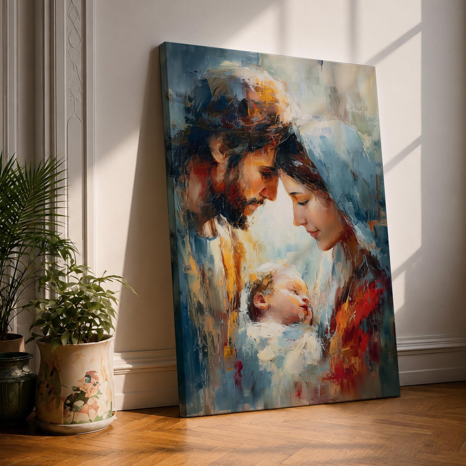 An impasto style painting depicting the Holy Family with tender expressions, featuring Mary, Joseph, and baby Jesus in a close, intimate composition. The textured brushstrokes create a rich, emotive portrayal of this religious scene with a soft, blended background enhancing the figures.