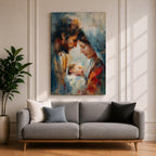 An impasto style painting depicting the Holy Family with tender expressions, featuring Mary, Joseph, and baby Jesus in a close, intimate composition. The textured brushstrokes create a rich, emotive portrayal of this religious scene with a soft, blended background enhancing the figures.