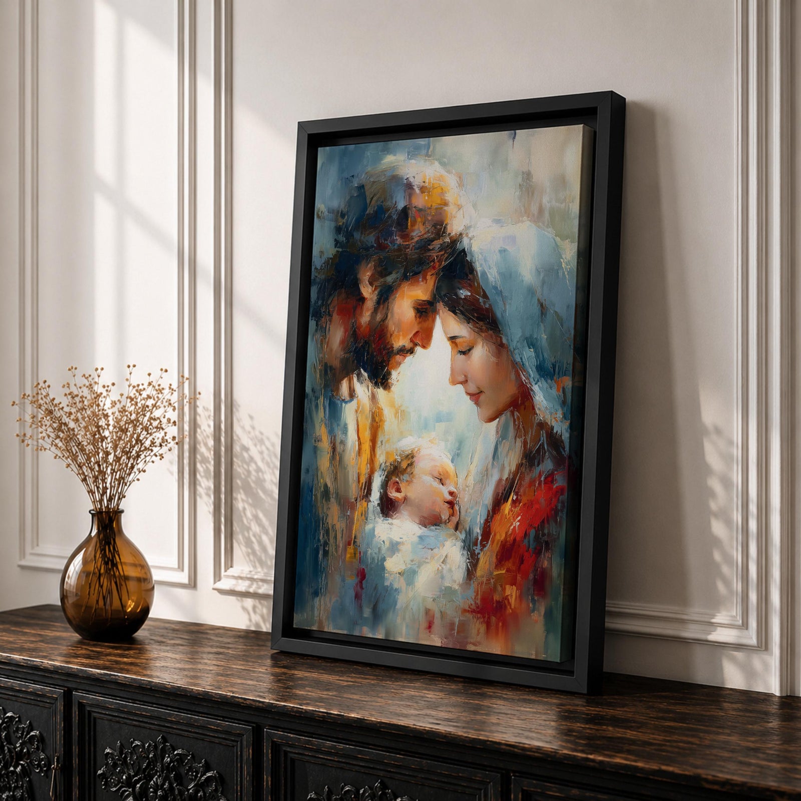 An impasto style painting depicting the Holy Family with tender expressions, featuring Mary, Joseph, and baby Jesus in a close, intimate composition. The textured brushstrokes create a rich, emotive portrayal of this religious scene with a soft, blended background enhancing the figures.